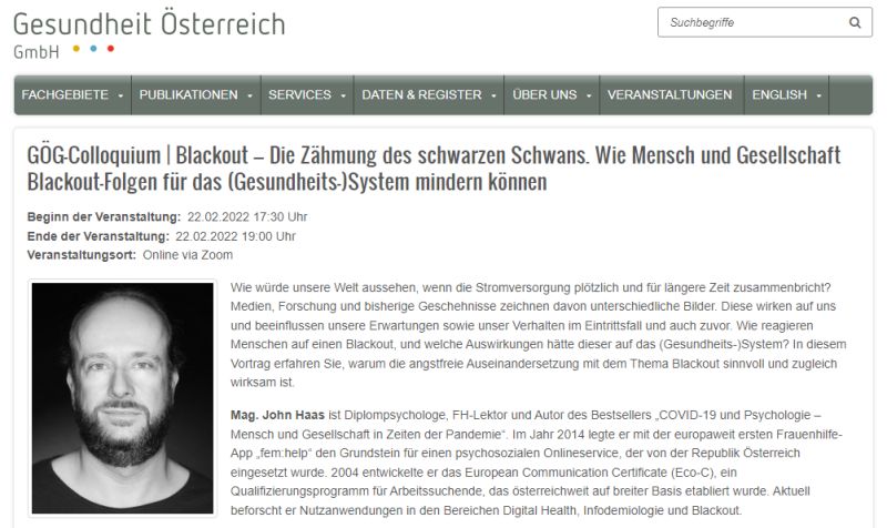 Terminaviso für das GÖG-Colloquium zu Blackout