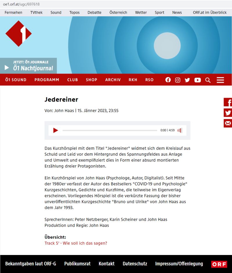 „Jedereiner“ in den Top 10 des Ö1-Hörspielwettbewerbs