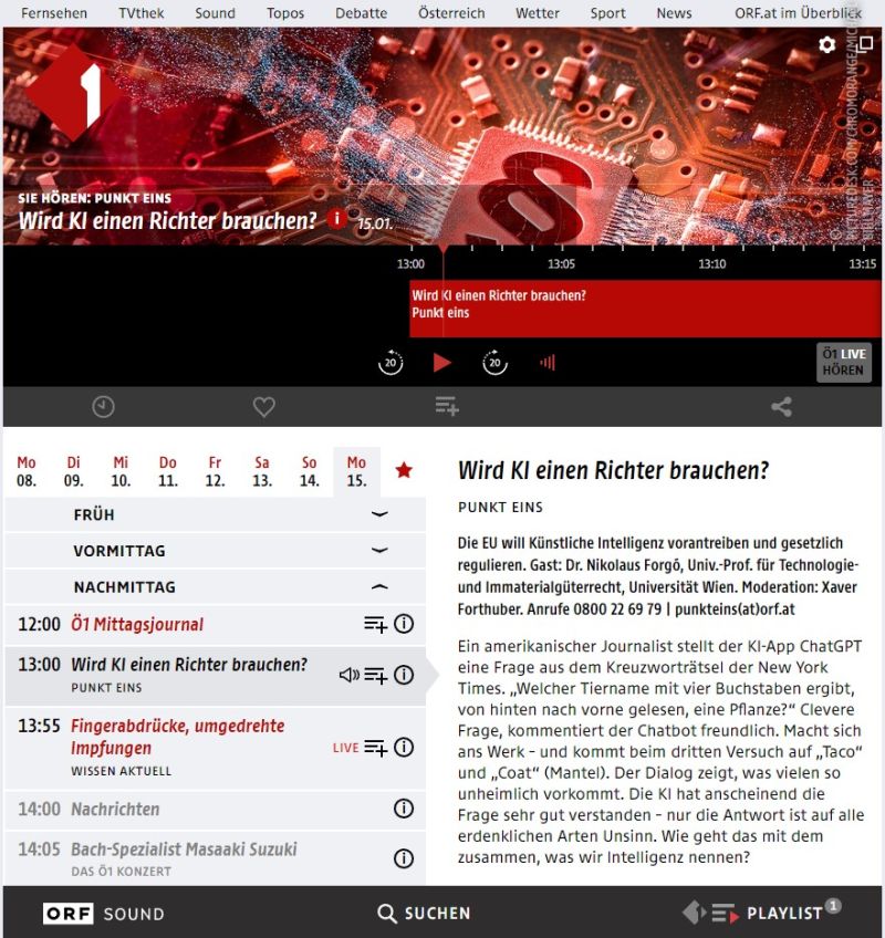 Ö1 Punkt eins: Braucht KI einen Richter?