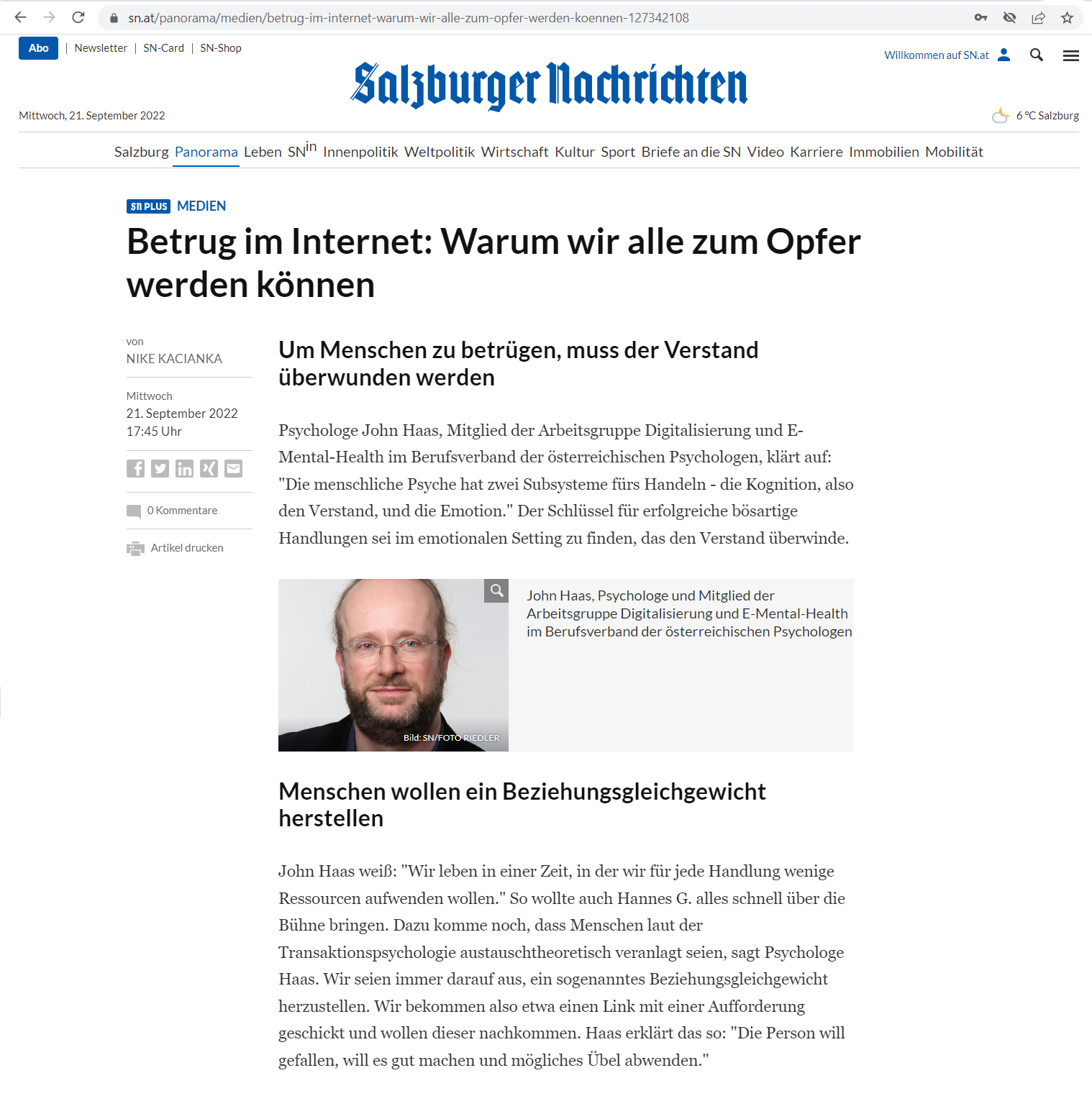 Salzburger Nachrichten über Onlinebetrug
