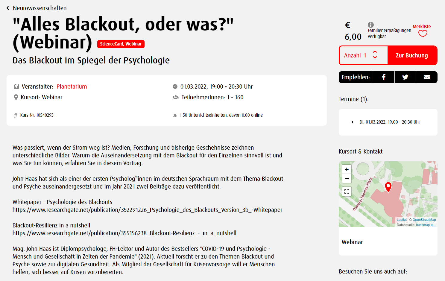 Blackout-Vortrag im Planetarium angekündigt