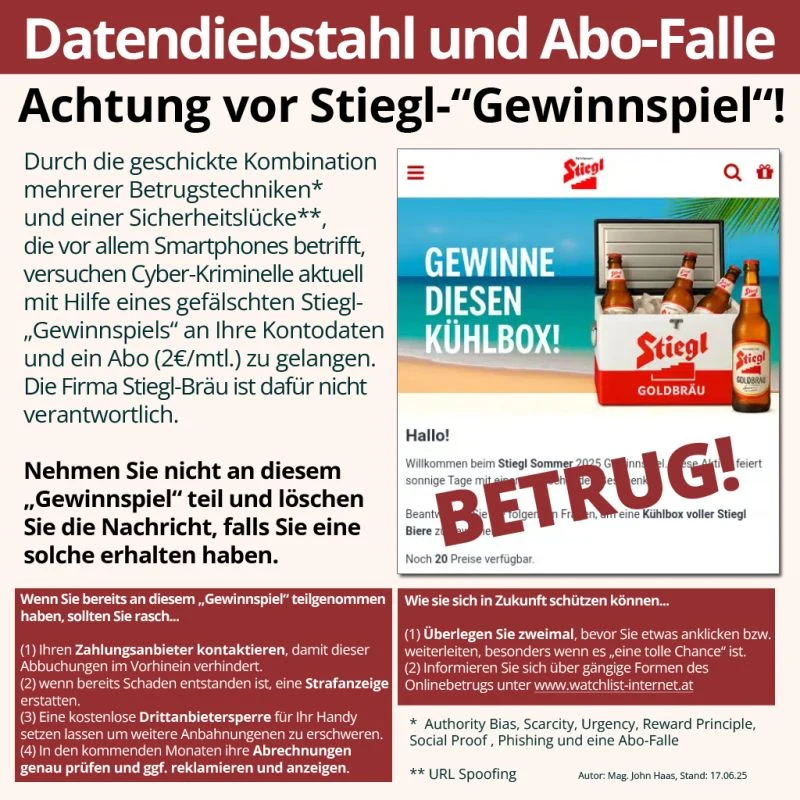 Warnung vor gefälschtem Stiegl-Gewinnspiel