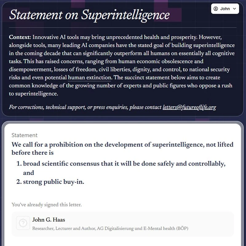 Erklärung zu künstlicher Superintelligenz unterzeichnet