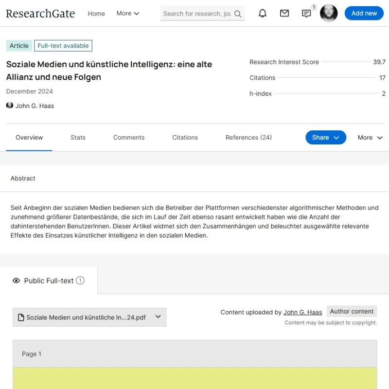 „Künstliche Intelligenz und soziale Medien“ auf ResearchGate