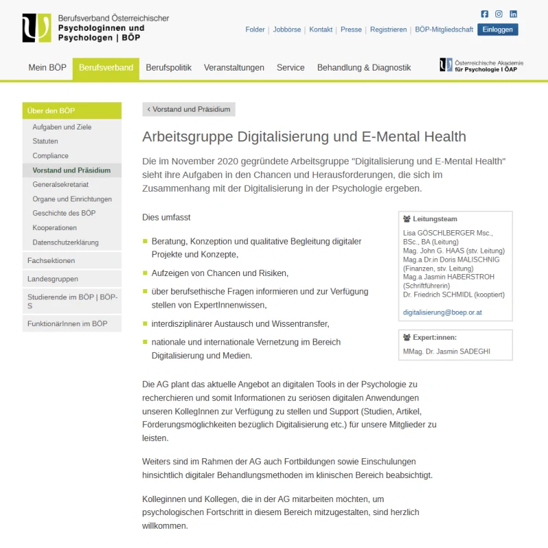 Mitarbeit in der BÖP-Arbeitsgruppe Digitalisierung und E-Mental Health